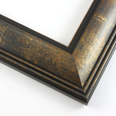 This ornate frame features a double ridged outer edge and matte black and gold foil (drop edge), stepped lip. The face is mottled with blue grey and gold foil for an antique, high fashion effect.

2 " width: ideal for medium size artwork.  Border an elaborate oil painting or print with this unique, stylish frame.